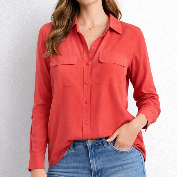 New NEXX York Tops - New NEXX York 100% silk Blouse Coral Pink Button Front Long Sleeve
